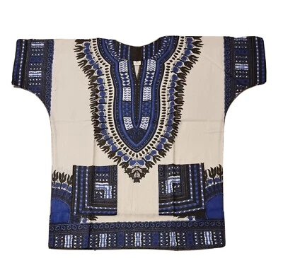 Unisex Dashiki African Tribal Print Caftan Shirt  White And Blue  M • £12