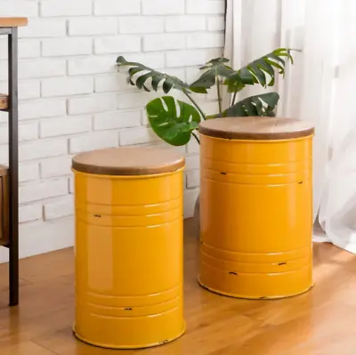 Table End Storage Side Farmhouse Rustic Accent Wood Metal Yellow Bin Night Stand • $96.65