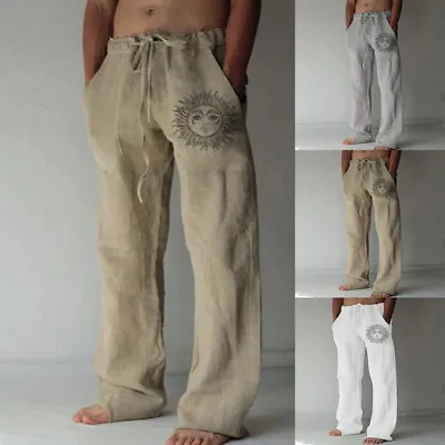 Mens Beach Loose Cotton Linen Pants Yoga Drawstring Elasticated Trouser Summer • $17.76