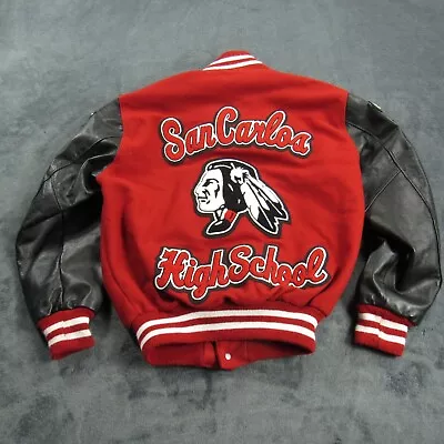 VINTAGE Varsity Letterman Jacket Mens Medium Black Red Long Sleeve Snap Wool • $49.99