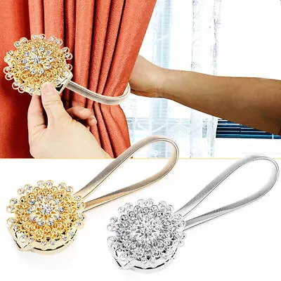 2PCS Crystal Magnetic Curtain TieBacks No Drilling Spring Stretchy Tie Backs • £8.99