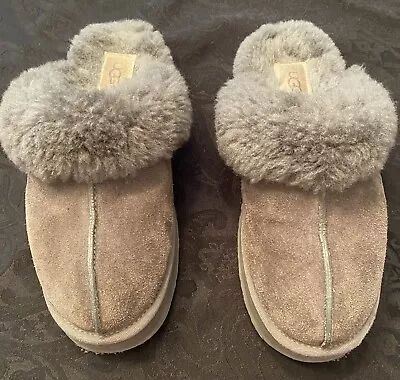 UGG Gray Disquette Platform Suede Shearling Fur-lined Slippers Sz 8 Pre-owned • $20