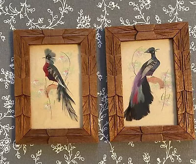 Lot Of 2 Mexico Bird Paintings Real Feathers Folk Art Carved Frames 4  X 6  • $22.50