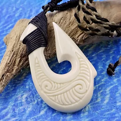 Maori Fish Hook Pendant 2.5 Inches Tall Hei Matau Macrame Cord • $24.64