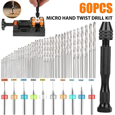 60Pcs Mini Micro Hand Drill Bits Set Small Manual Keyless Chuck Pin Vise Rotary • $14.98