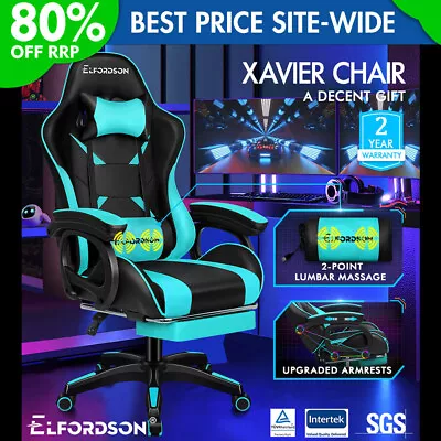 ELFORDSON Gaming Office Chair Massage Racing Computer Seat Footrest Leather • £79.99