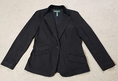 Ralph Lauren LRL Denim Blazer Women L Black Jean Jacket Velour Collar Stretch • $38.75