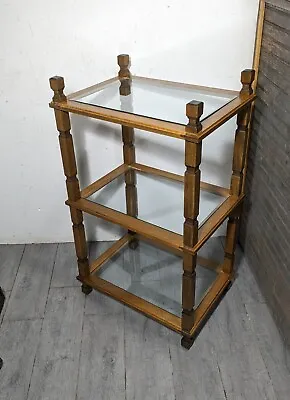 Vintage Rustic Spanish 3-Tier Wood & Glass Display Shelf Table Etagere E64 • $225