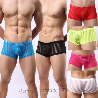 Men See-through Striped Mesh Boxers Underwear Guy Beathable Sports Brief Shorts • $6.49