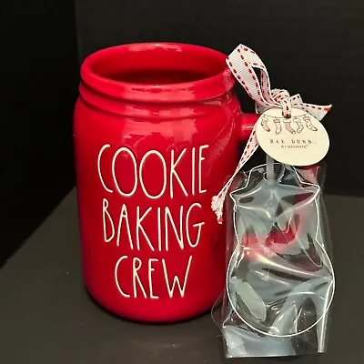 RAE DUNN  Cookie Baking Crew  Red Mason Jar Mug W/Snowman Cookie Cutter Holiday • $19.98