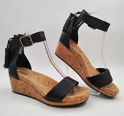 UGG Shoes Womens 6.5 Black Leather ZOE Tassel Ankle Strap 2in Cork Wedge Sandal • $50