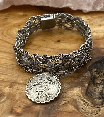 Vintage Sterling Silver Wide Charm's Bracelet With Charm • $75