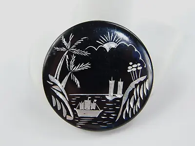 VTG Carved Abalone Shell Round Black Water Scene Ships Palm Trees Brooch Pin • $17.99