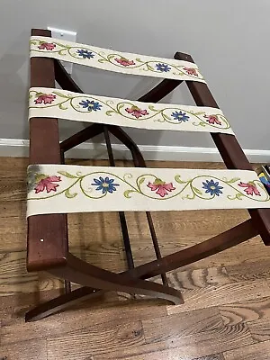 Vtg Wood NEEDLE POINT Luggage Suitcase Rack Hotel Holder Folding NL • $100