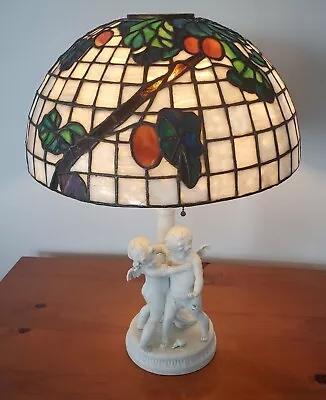 Vintage Art Nouveau Deco Figural Cherub Lamp W Leaded Stained Slag Glass Shade • $1250