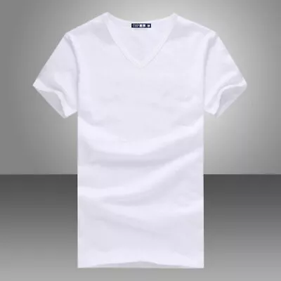 $6.99 • Buy  Men's V Neck Round Neck Cotton T-shirt Slim Fit Short Sleeve Solid Color Casual