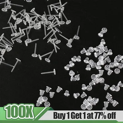 100X Invisible Plastic Earring Pins Anti-Allergy Rubber Studs Jewellery Retain • £3.28