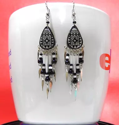 ETHNIC CHAKANA INCA Handpainted Ceramic BLACK White Feathers Chandelier Earrings • $12.95