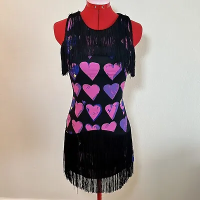 Versace For H&M Fringe Flapper Sleeveless Mini Dress Black Pink Hearts Size 2 • $39.99