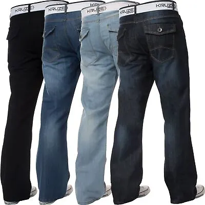 £18.99 • Buy Kruze Bootcut Jeans Mens Flared Wide Leg Denim Trouser Belted Pants All UK Sizes
