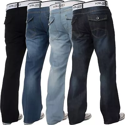 Kruze Bootcut Jeans Mens Flared Wide Leg Denim Trouser Belted Pants All UK Sizes • £18.99