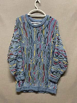 Vintage COOGI Blues Sweater Men's Large Blue Australia 3D Textured Knit Biggie • $299.88