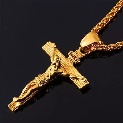 Men Jesus Christ Crucifix Cross Pendant Necklace 14K Gold Filled Stainless Steel • $8.48
