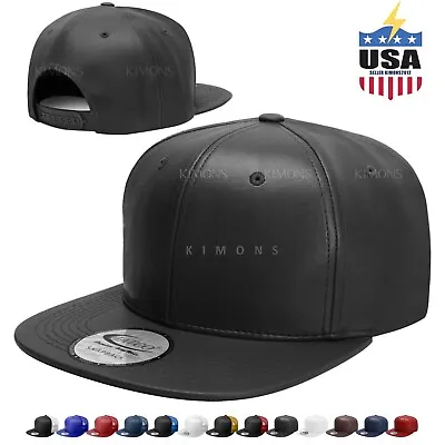 Leather Snapback Hat Hip Hop Baseball Cap Trucker Mesh Solid Plain Flat Bill Men • $16.58