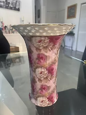 EUC Baum Bros Formalities Soft Roses Collection Floral Vase Gold Trim 10” • $29.99