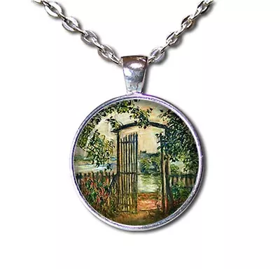 Claude Monet Garden Gate Art Handmade Round Glass Pendant Necklace Jewelry • $13.80