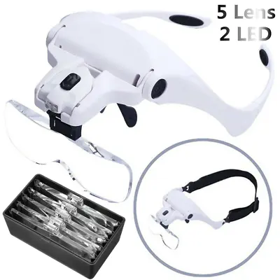 £10.87 • Buy Magnifying Glasses Head Band Adjustable 2 LED Light Magnifier With 5 Lens Loupe