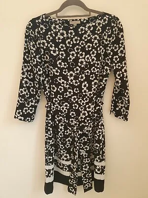 H&M Smart Black And White Flower Knee Length Dress With Belt Size UK 8 New • £5