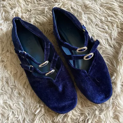 Zara Blue Velvet Rhinestone Buckle Mary Jane Ballet Flats Womens 36 US 6 • $34.95