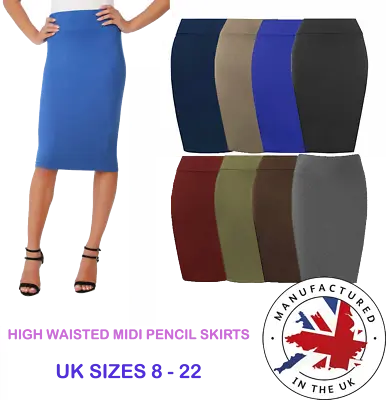 PREMIUM High Waisted Midi Skirt Plain Jersey Bodycon Tube Pencil Skirt Size 8-22 • £7.99