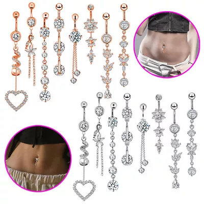 16× Belly Button Ring Lot CZ Long Dangle Navel Bar Stainless Steel Jewelry 14G • $26.99