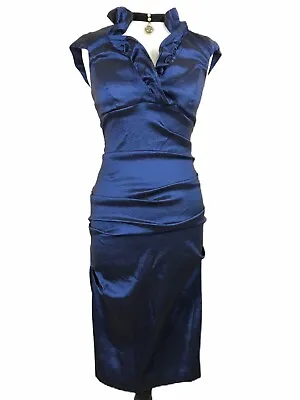 XSCAPE Blue Dress US 6 Joanna Chen Empire Sheath Pleat Ruffle • £5