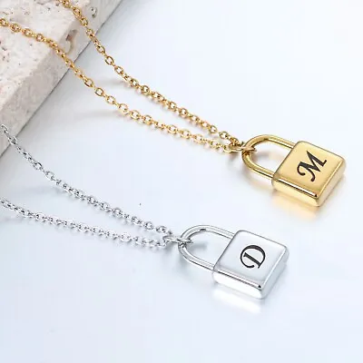 Silver Gold Initial Letter Alphabet Lock Pendant Chain Friendship Necklace Gift • £3.99