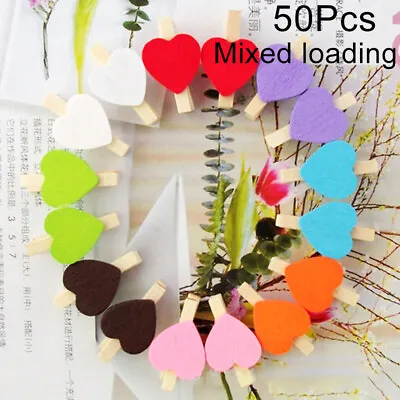 50 Heart Mini Wooden Pegs Craft Hanging Wedding Photo Small Craft Clothes Clips • £4.79
