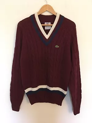 VTG Izod Lacoste V-Neck Sweater M Chunky Cable Knit Tennis Cricket Burgundy Blue • $79.99