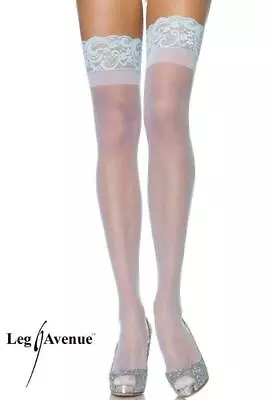 PLUS SIZE WHITE Spandex Sheer Stay Up Stockings W/ Contrast LIGHT BLUE LACE TOPS • £9.50