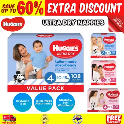 $71.92 • Buy HUGGIES Ultra-Dry Nappies, Boys, Size 4 (10-15kg), One-Month Supply, 108pk Count