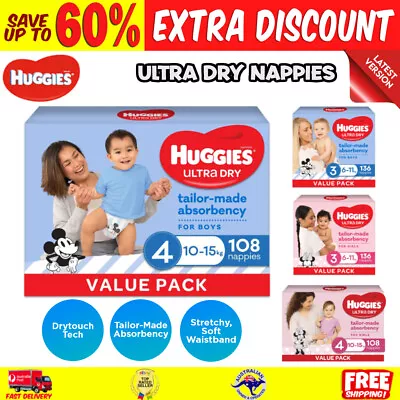 HUGGIES Ultra-Dry Nappies Boys Size 4 (10-15kg) One-Month Supply 108pk Count • $74.73