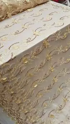 Rose Gold Sequin Lace Ivory 3d Floral Flowers Embroidered On Mesh Fabric By Yard • $17.99