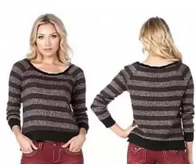 MISS ME Sweater Size Small Pullover Striped Black Grey Wool Blend Slit Side GUC • $12.99