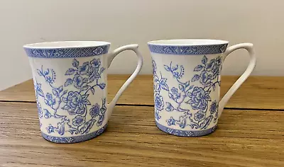 Set Of 2 Queens Powder Blue Flower Fine Bone China Mugs Tea Coffee White Blue • £19.99
