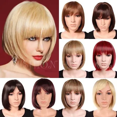 Short Bob Full Wig With Fringe/Bangs Blonde Brown Ombre Highlight Wigs Womens Wa • £19.62