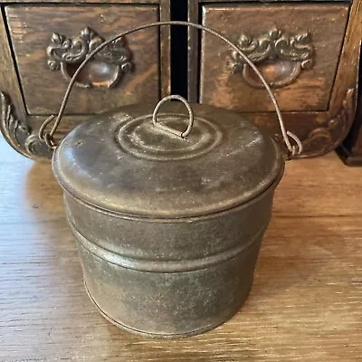 Antique Vintage Primitive Small Round Tin Lunch Pail Box Berry Bucket Lid Handle • $23