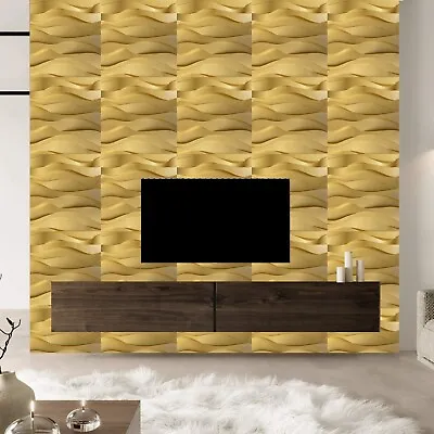 4 Pcs 3D Decorative Interior Wall Panels Plastic Cladding Tiles-50cm Wave Gold • £29.99