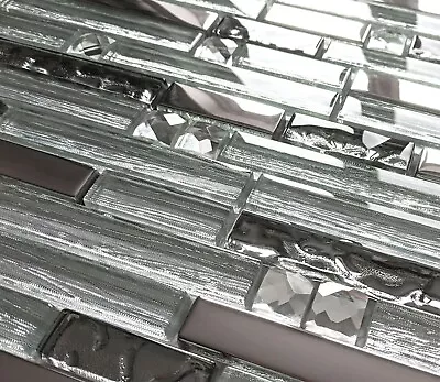 New Light Silver Rectangle Chrome Metal Jewel Glass Mosaic Wall Tiles 8mm Rrp£16 • £8.98