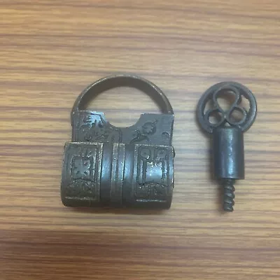 18th C Brass Miniature Padlock Or Lock With SCREW TYPE Original Key Decorative. • $86.25